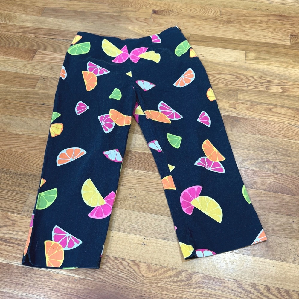 Briggs Petite Citrus Fruit Print Cropped Pants Black Size 12P Side Zip Capri
